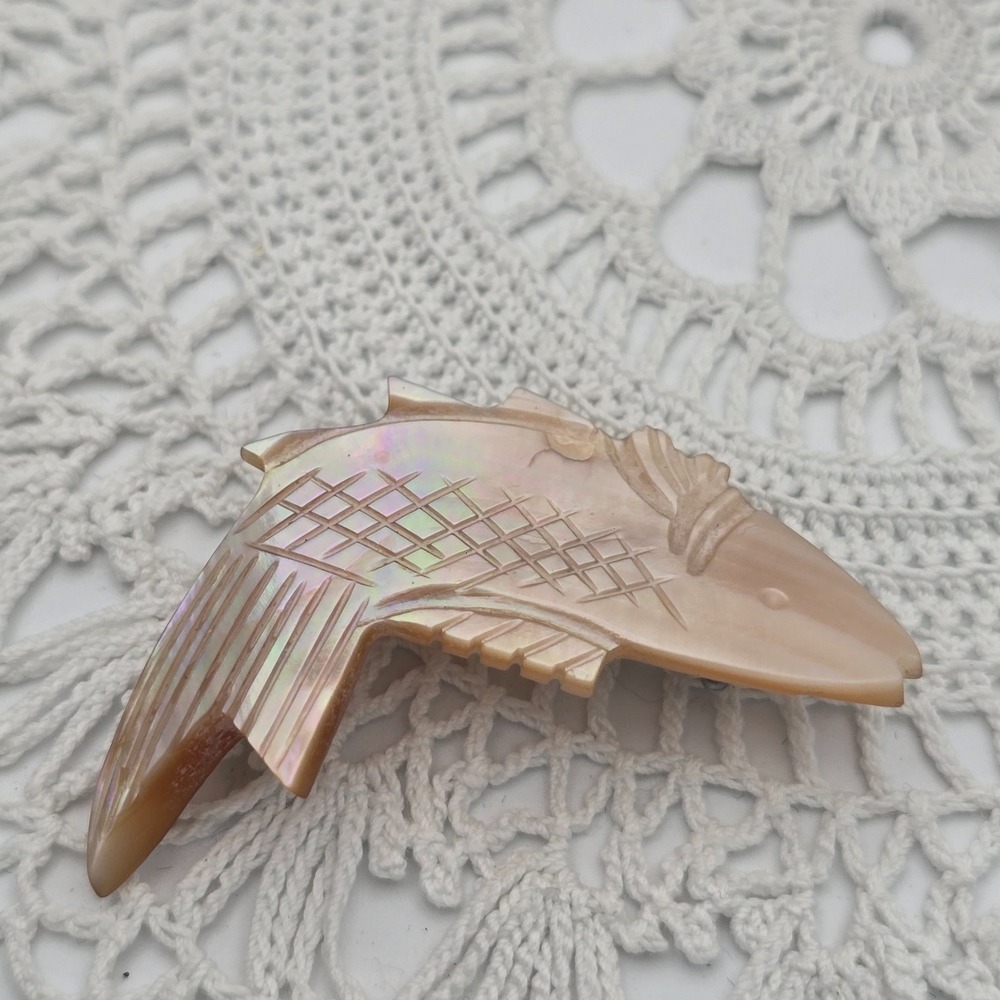 Vintage Mother of Pearl Carved Fish Brooch Koi Fish Abalone Shell